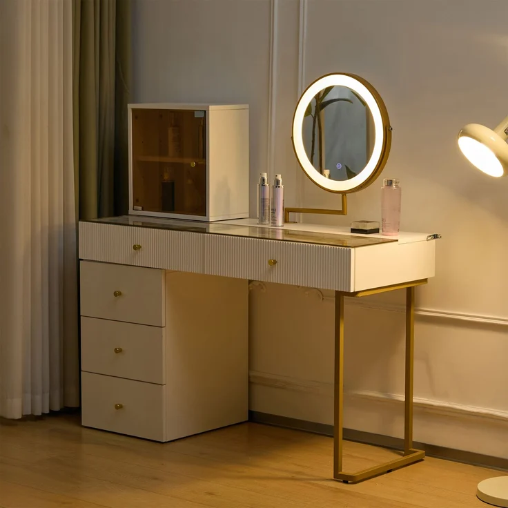 Schminktisch mit LED-Spiegel & flexiblen Regalen, weiß & gold modern Make-up Tisch,ohne Hocker – Bild 4