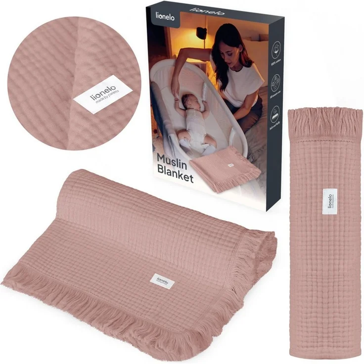Kinderdecke MUSLIN BLANKET, lionelo, 6 Lagen/100% Baumwolle/ganzjährig/weicher Musselin/Fransen – Bild 1