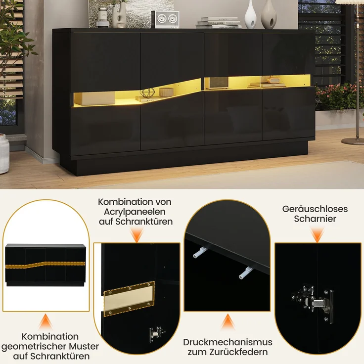 ZUBALIYA Sideboard 140x35x70 cm, mit LED-Beleuchtung, Hochglanz, mit 4 Türen, aus Spanplatte, Schwarz – Bild 7