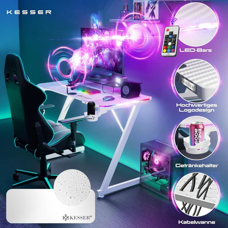 KESSER Gamingtisch, Gaming Schreibtisch mit Getränkehalter Ergonomischer Gamer Tisch – Bild 3