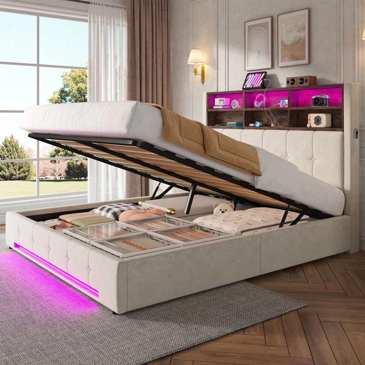 TavilaEcon Polsterbett mit Bettkasten und USB-C-Anschluss beige Liegefläche 160 × 200 cm – Bild 1
