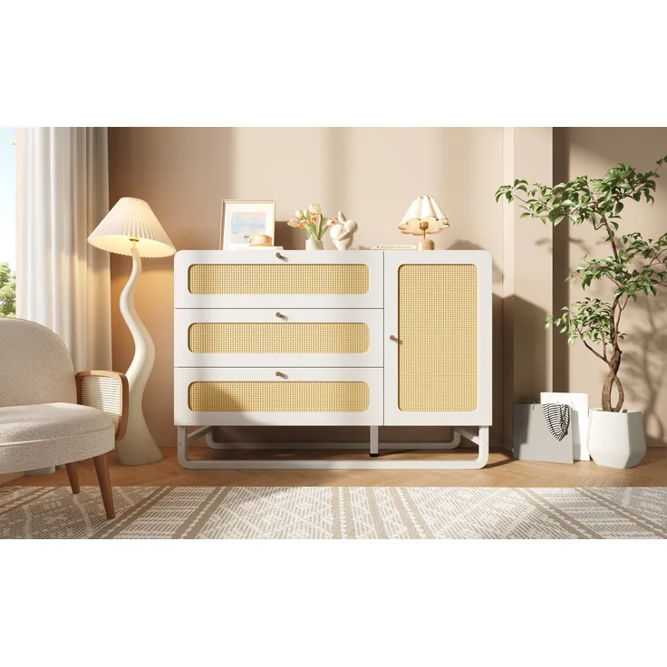 Sideboard Landhausstil mit Rattan & höhenverstellbaren Böden, 120x40x85 cm, Weiß
