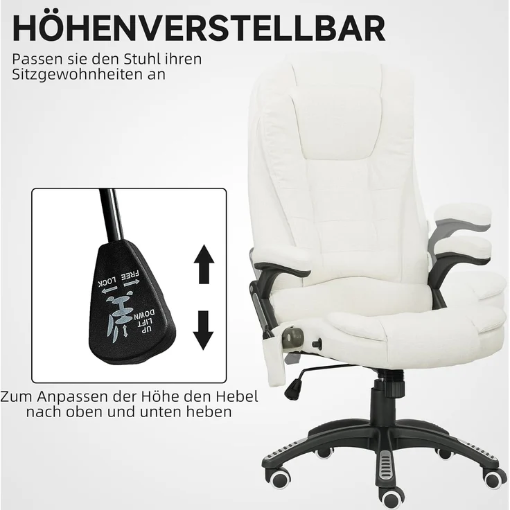 Vinsetto Schreibtischstuhl Bürostuhl mit Vibrationsmassage, Heiz-, Liegefunktion (Massagesessel, 1 St), für Wohnbereich, Weiß – Bild 5