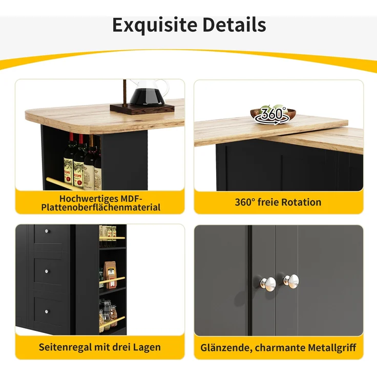 Bartischschrank Schwarz Küchentisch 360° drehbar mit Rollen, Klapptisch Sideboard mit Regalen, aus MDF modern mit Metallgriffen – Bild 4