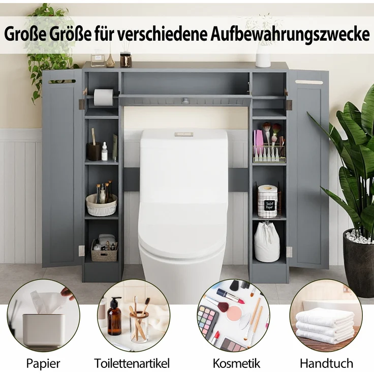 Regal über der Toilette freistehender Badezimmerschrank mit verstellbaren Regalen Toilettenpapierhalter Grau – Bild 4