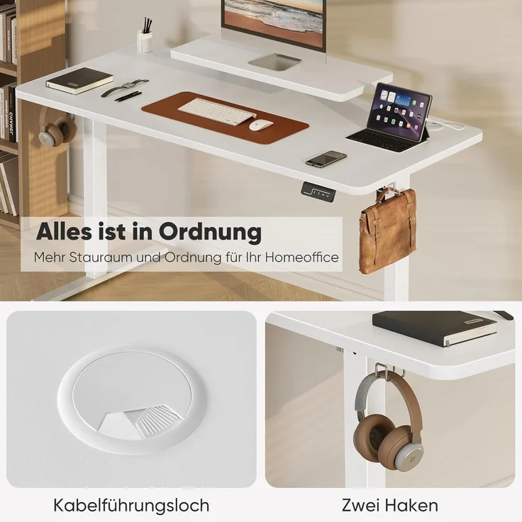 Sweetcrispy Höhenverstellbarer Schreibtisch mit Monitorständer, 120x60 cm Schreibtisch Höhenverstellbar Elektrisch, Ergonomischer Steh-Sitz Tisch, Computertisch Standing Desk, Weiß – Bild 6