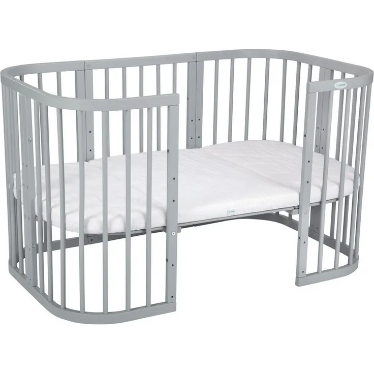 Waldin Babybett aus Holz 7in1 mit Matratze, mitwachsendes Kinder-Bett, belüftet, Boden 5-fach verstellbar, All-Inclusive-Set Holz grau, Ohne Stoffset