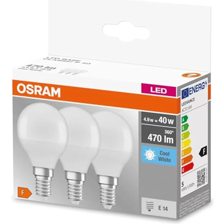 OSRAM LED-Tropfen E14 4,9W Base P40, matt, 3er Pack, 4.000K, nicht dimmbar