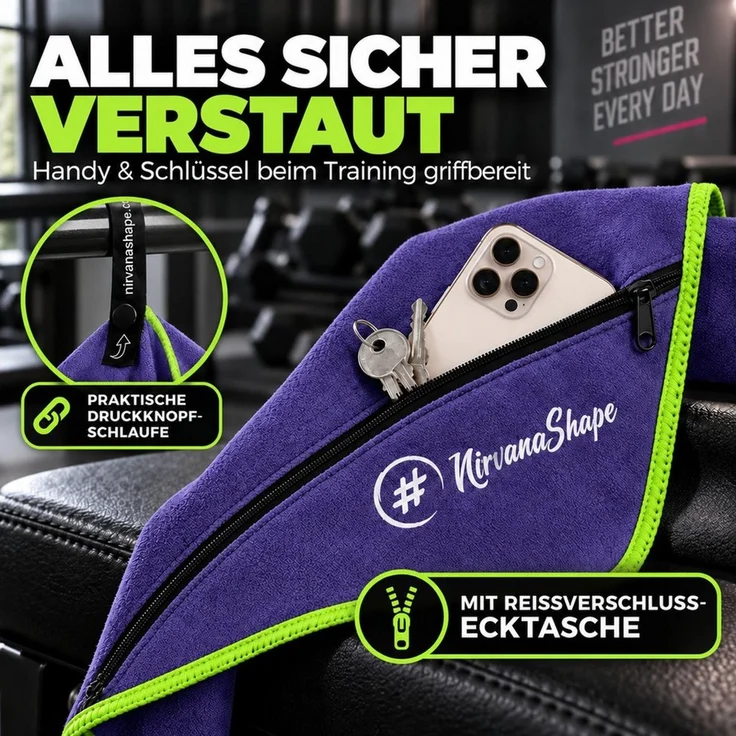 NirvanaShape Sporthandtuch NirvanaShape Mikrofaser Fitnesshandtuch mit Ecktasche und Knöpfen, saugfähig, leicht, schnelltrocknend, für Reisen, Fitness, Yoga, Sauna – Bild 3