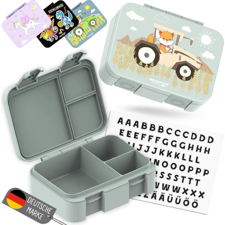 BEARFOOT Bento Box COMPACT Kinder Brotdose (Traktor-grün, 650 ml) | BPA-frei, auslaufsichere Lunchbox mit Fächern, für Schule & Kindergarten, für Mädchen & Jungen, leicht & kompakt