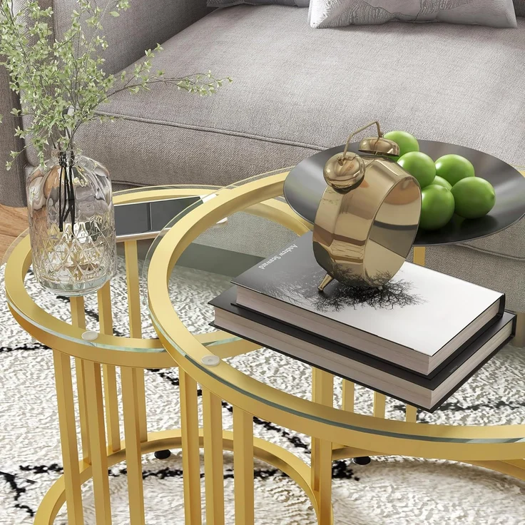 HOMCOM Couchtisch runde Couchtische Set von 2 mit gehärtetem Glas und Stahlrahmen (Beistelltisch, 2-St, Schachteltisch), für Wohnzimmer, Gold – Bild 8