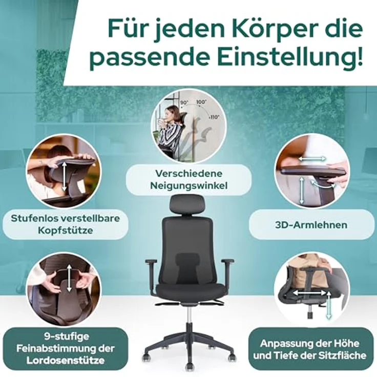SCHEKKA ErgoPrime Pro Bürostuhl ergonomisch, IGR Zertifiziert, 100% individuell einstellbar, Schwarz, 150 kg, TESTSIEGER – Bild 4