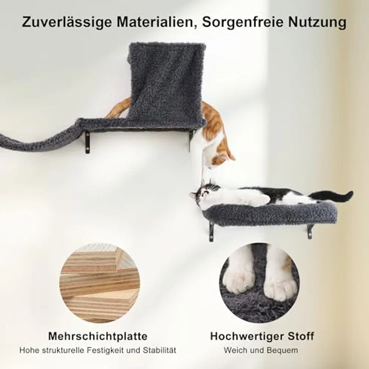 FUKUMARU Kletterwand Katzen Set, 10-teilig Katzen Kletterwand Set, aus robuster Multiplexplatte，Hängematte Katze mit Katzenhaus, Katzenbrücke, Katzenbaum, Katzentreppe bis zu 18 kg, Grau – Bild 9
