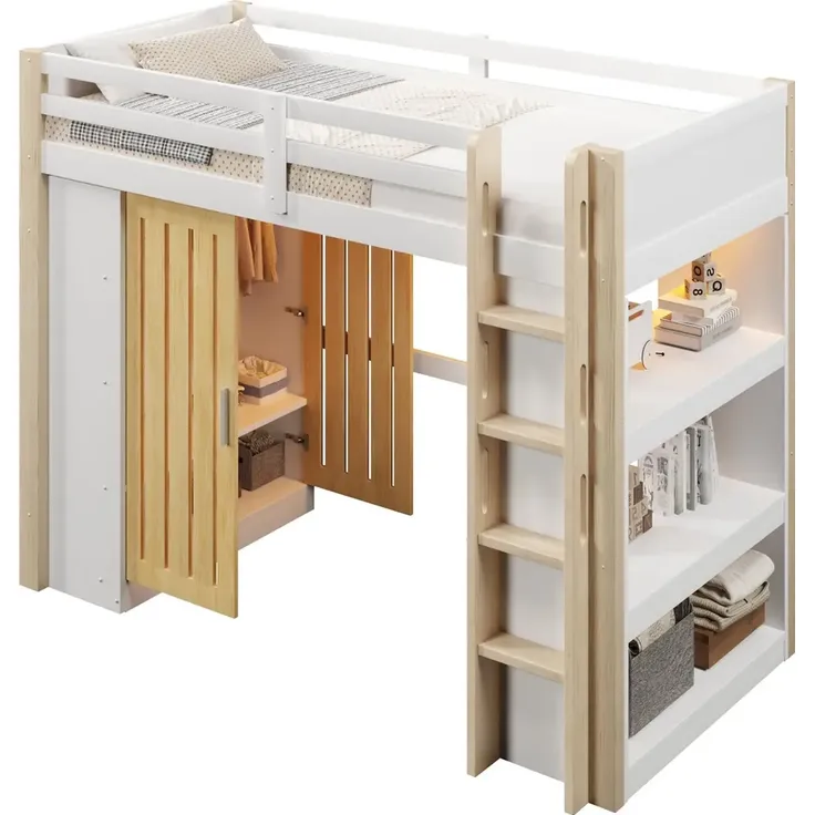 Hochbett mit RGB LED-Streifen, Lattenrost, Kleiderschrank, Trittleiter, Regal und Rausfallschutz, 140x200 cm, Kinderbett, Kiefer – Bild 6