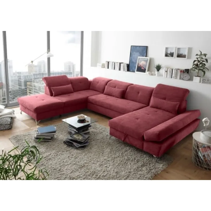 Couch MELFI L Sofa Schlafcouch Wohnlandschaft Schlaffunktion berry rot U-Form links