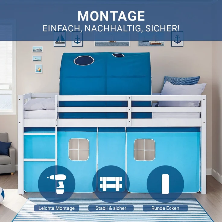 Hochbett Kinder 90x200 cm mit Lattenrost Kinderbett Kinderhochbett Stockbett Tunnel Vorhang Blau Holz Massiv – Bild 5