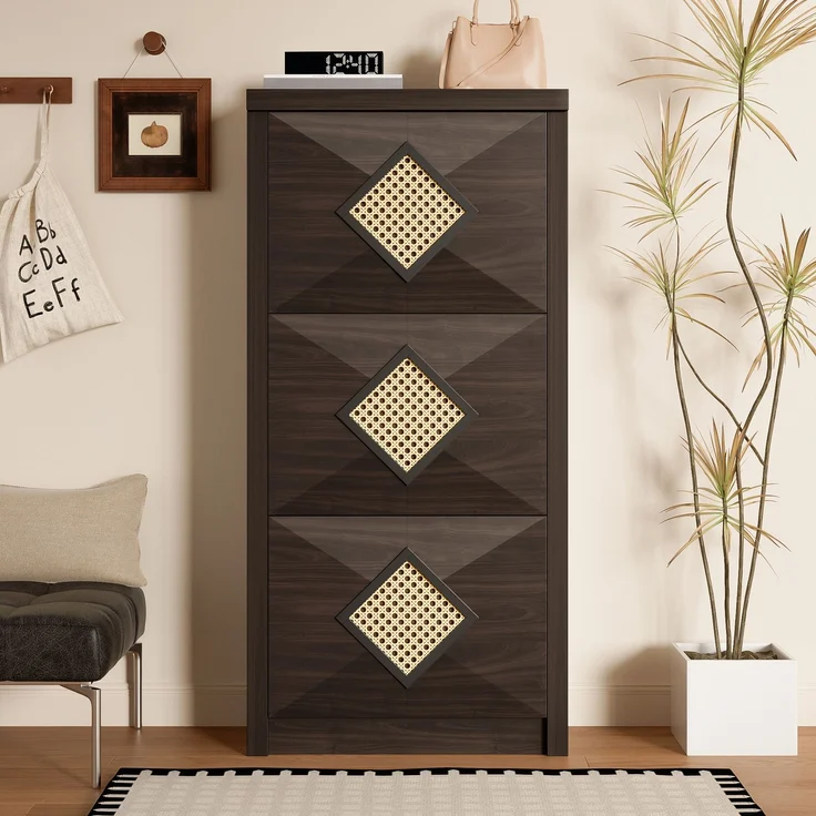 Schuhschrank, Holzoptik mit Rattan-Dekor & 3 Klappfächern, 54x25x115 cm, Walnussfarbe – Bild 5