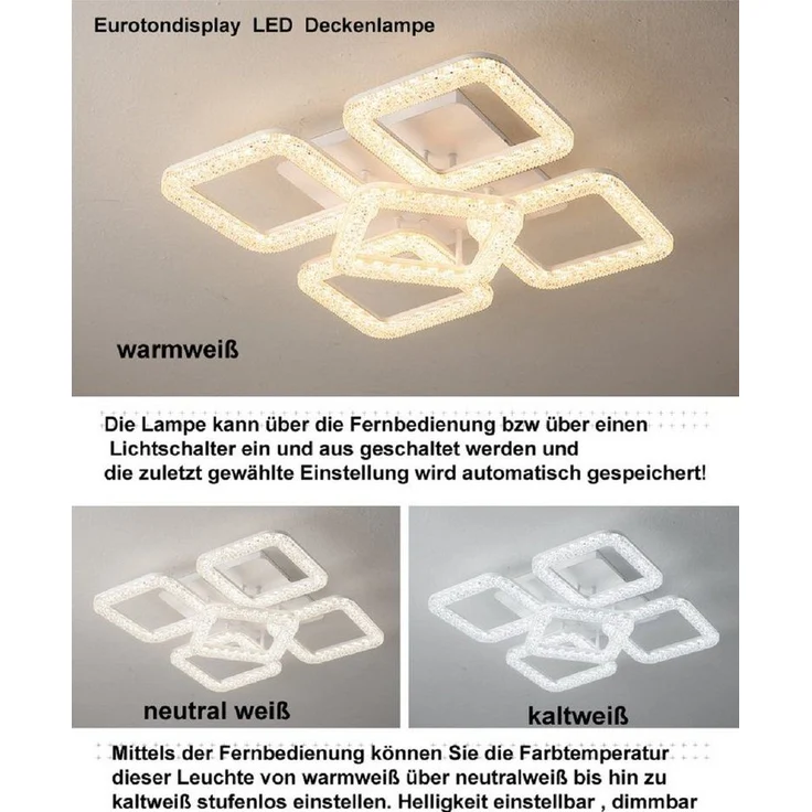 Euroton LED Deckenleuchte LED Deckenlampe Lampe Fernbedienung Lichtfarbe/Helligkeit einstellbar, LED fest integriert, mit Fernbedienung kaltweiß-neutalweiß -warmweiß, 7000k-3000k stufenlos einstellbar – Bild 3