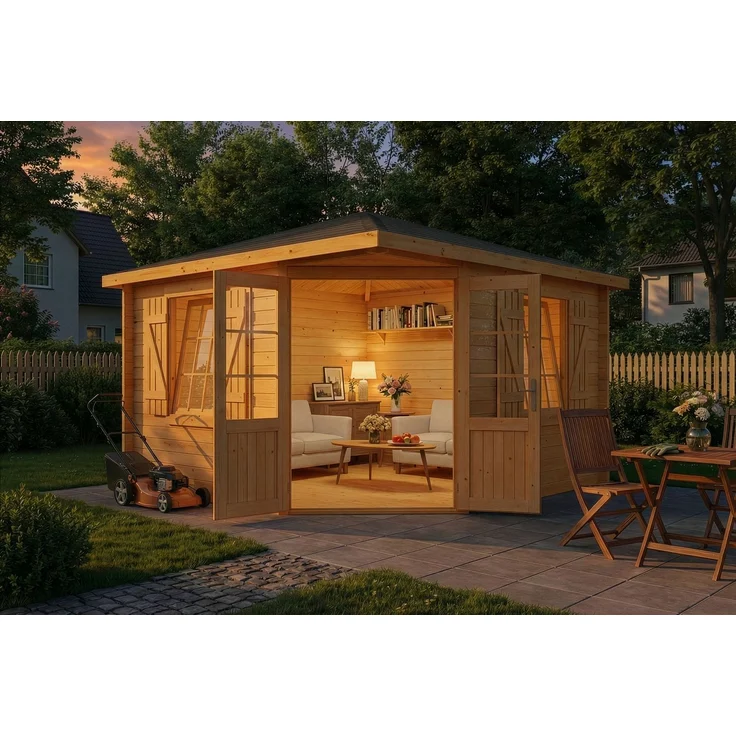 Alpholz 5-Eck Gartenhaus Monica Royal Gartenhaus aus Holz in Pinie Holzhaus mit 28 mm Wandstärke Blockbohlenhaus mit Montagematerial – Bild 3