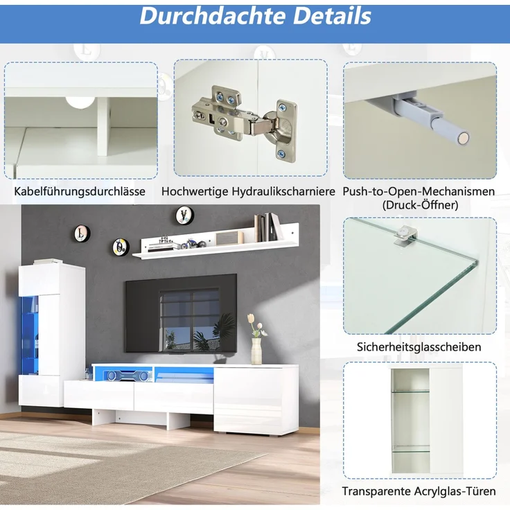 DESVIAE TV-Schrank-Set 3-tlg. mit LED-Beleuchtung 170x35x45 cm Spanplatte Weiß – Bild 6