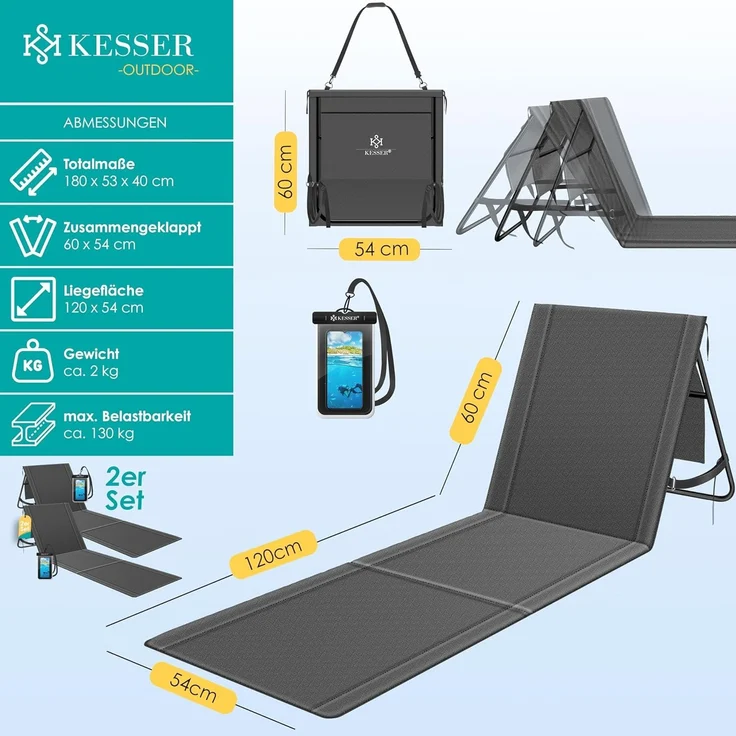 KESSER® Strandmatte klappbar mit verstellbarer Rückenlehne, Strandliege faltbar mit Tragegurt, wasserdichter Handyhülle & Aufbewahrungstasche, Sonnenliege für Strand Garten Terrasse, Liegematte 130Kg Anthrazit, 2er Set / 50W – Bild 2
