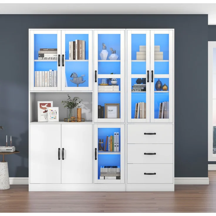Vitrinenkombination B 180 x T 40 x H 200 cm aus Spanplatte und Glas, weiß, mit LED-Beleuchtung – Bild 4