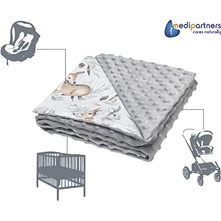 Medi Partners Babydecke Baby Decke Neugeborenen - Kuscheldecke Geschenk Babydecken 75x100cm für Kleinkinder Mädchen Krabbeldecke Kinderbett Kinderwagen 100% Baumwolle (Hirsch mit grauem Minky) – Bild 5