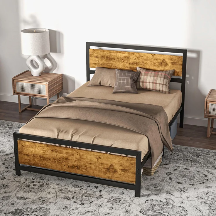 Bettgestell aus Holz und Stahl im Industrial-Stil mit Lattenrost,Schwarz, Rustikales Braun, 103 x 147 x 208 cm, Cecodadi – Bild 4