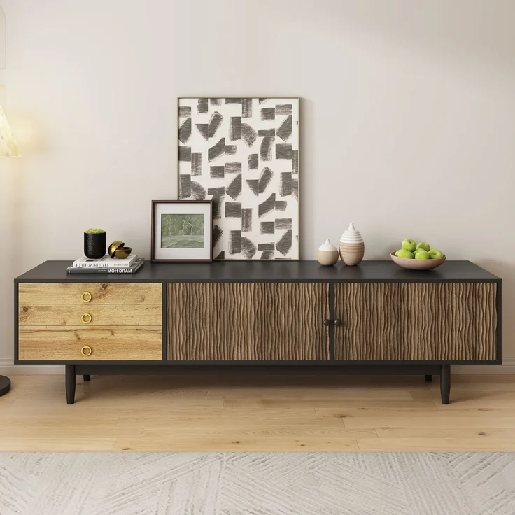 TV-Schrank 180 x 50 x 38 cm Schwarz Holz,Lowboard mit 2 Türen, 3 Schubladen, Wellenmuster, Massivholzbeinen – Bild 2
