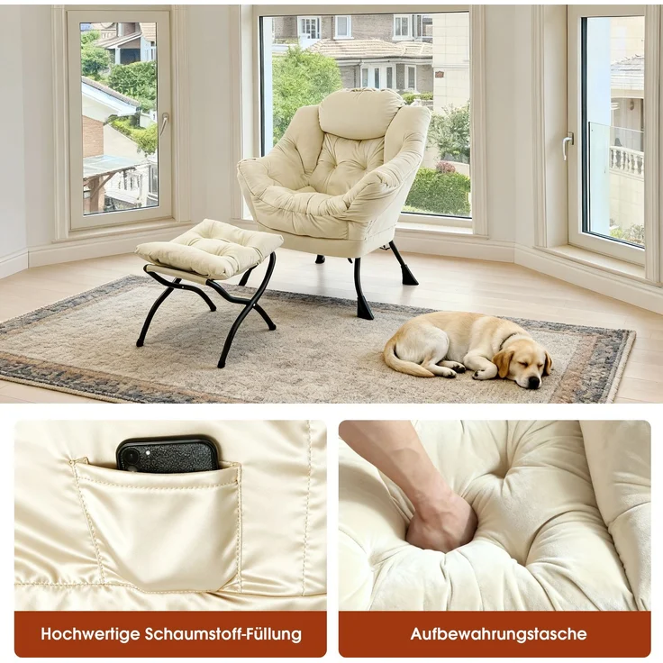 Loungesessel Set mit Hocker, Polyester Bezug, Metallgestell, bis 150kg, ergonomisch, klappbar, für Wohnzimmer Garten,Beige – Bild 4
