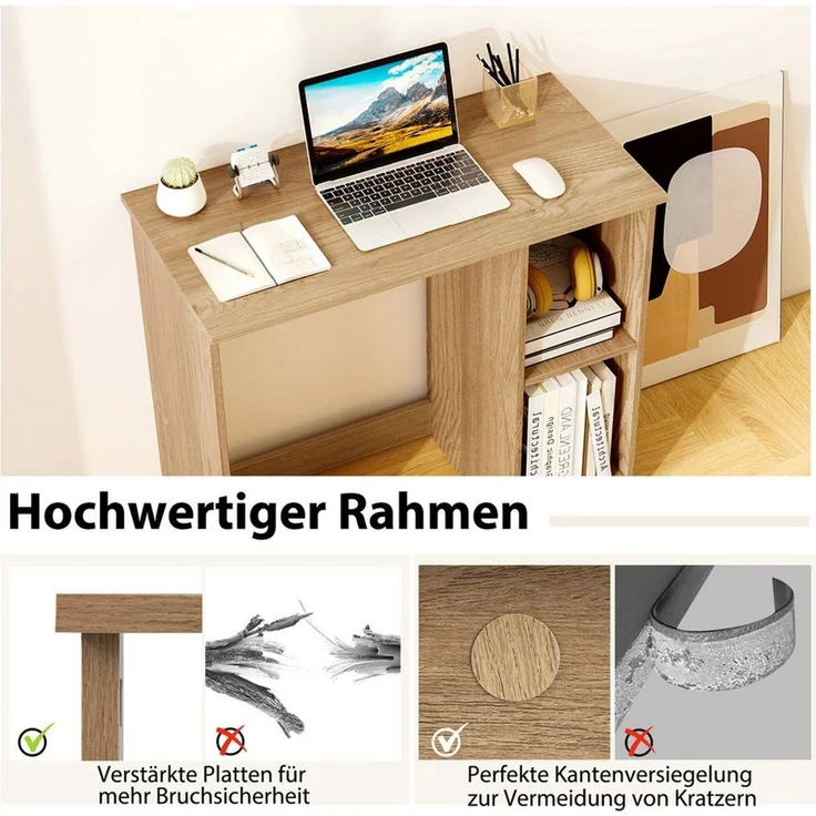 COSTWAY Schreibtisch, mit 2 Fächern, für kleine Räume, bis 130kg, 80x40x74cm – Bild 3