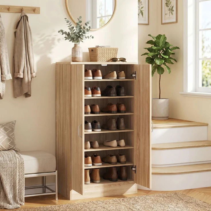 Schuhschrank mit 2 Türen, 6 verstellbare Regalböden, Soft-Close-Scharniere für 14 Paar Schuhe, Naturholz--Naturholz--108x35x55cm--YOUDENOVA – Bild 10