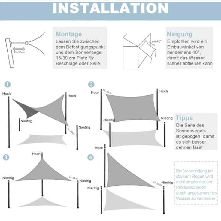 AXT SHADE Sonnensegel Wasserdicht Dreieck Rechtwinklig 4 x 4 x 5,65 m Wetterschutz Sonnenschutz PES Polyester mit UV Schutz für Terrasse Balkon Garten-Hellgrau – Bild 6