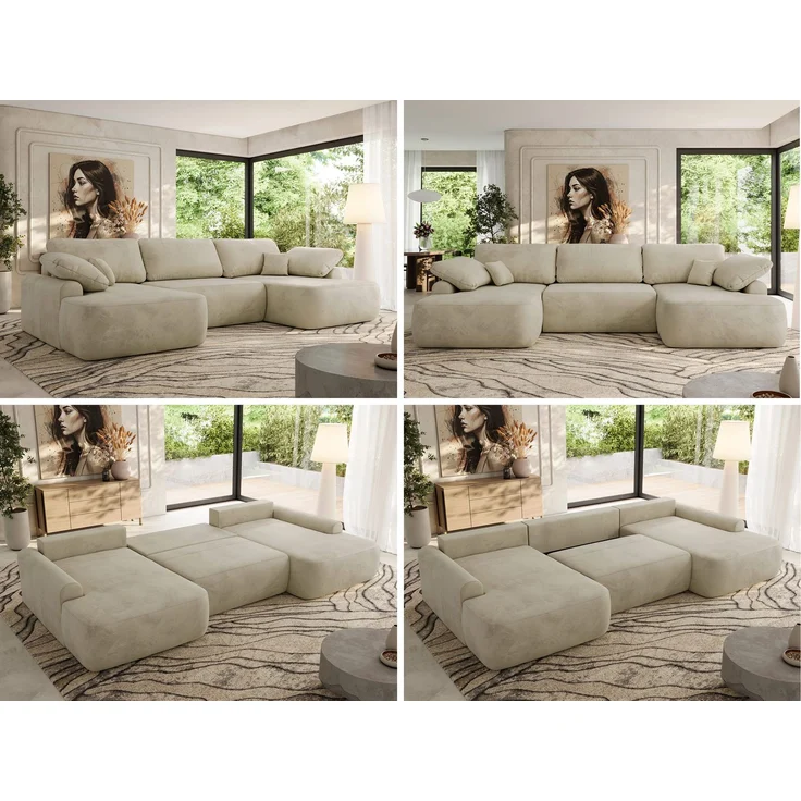 U-förmige Ecke, Ecksofa mit schlaffunktion und bettkasten, lose kissen, Wellenfeder, Big sofa XXL - CUBO U - Beige Velours – Bild 2