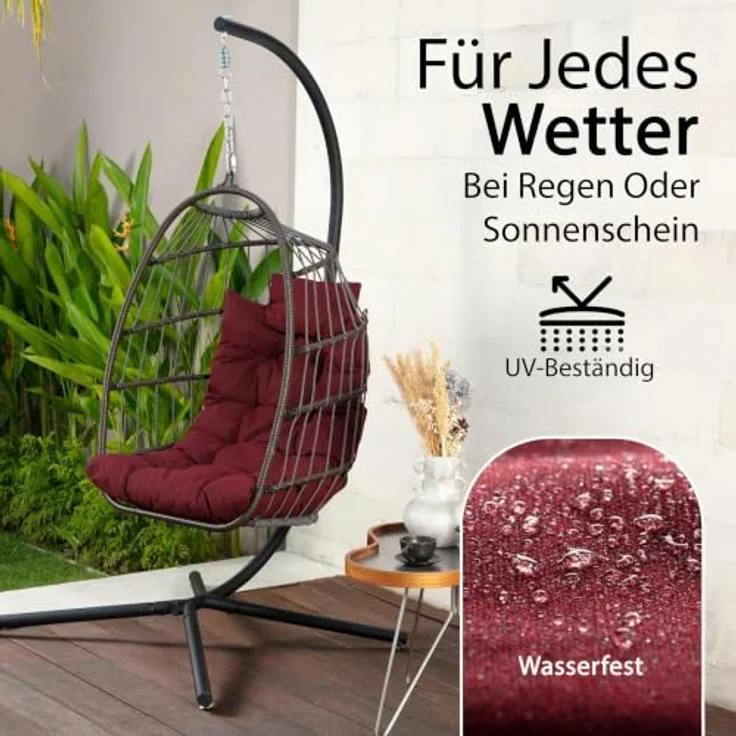 SereneLife Hängesessel mit Gestell Outdoor 250 kg – Wetterfest mit Kissen faltbar für Garten Balkon Indoor Relaxsessel Rot – Bild 6