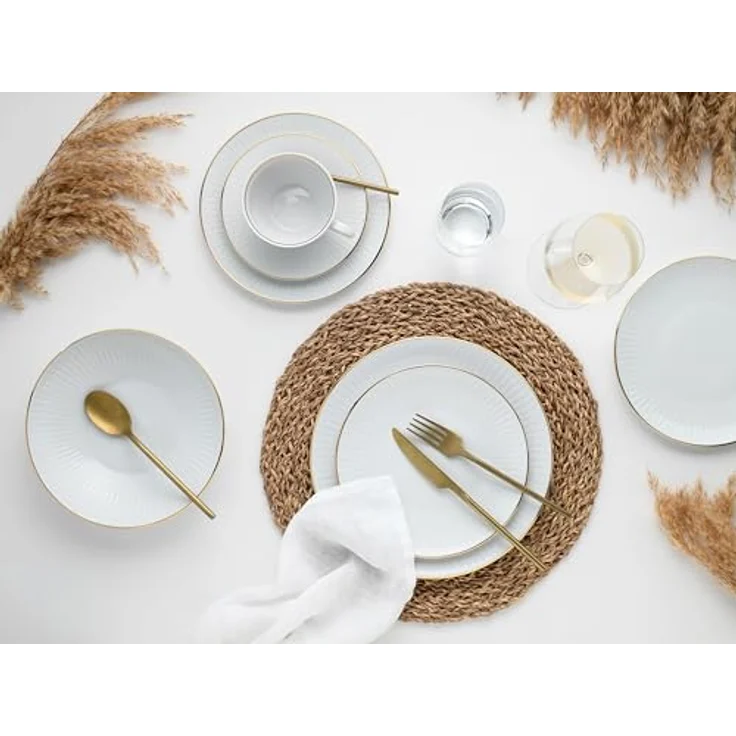 Creatable Kombiservice Valencia, 30-teiliges Geschirr Set aus handbemalter Keramik, Weiß und Gold, lebensmittelecht, stapelbar, 200 ml – Bild 7