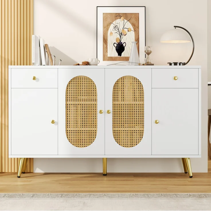 DESVIAE Sideboard mit 2 Schubladen und 4 Türen 140x82x35 cm Spanplatte Natur/Weiß – Bild 5