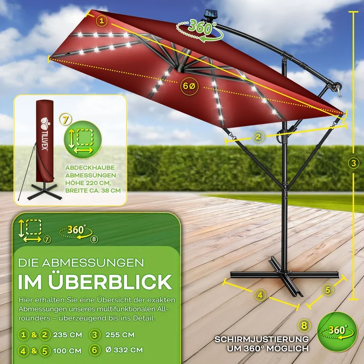 tillvex® Alu Sonnenschirm Rechteckig Ø 330 cm mit LED Solar Rot + Abdeckung mit Kurbel | Ampelschirm mit Ständer & Windschutz | Gartenschirm UV-Schutz, wasserdicht, 360° drehbar | Kurbelschirm Marktschirm – Bild 4
