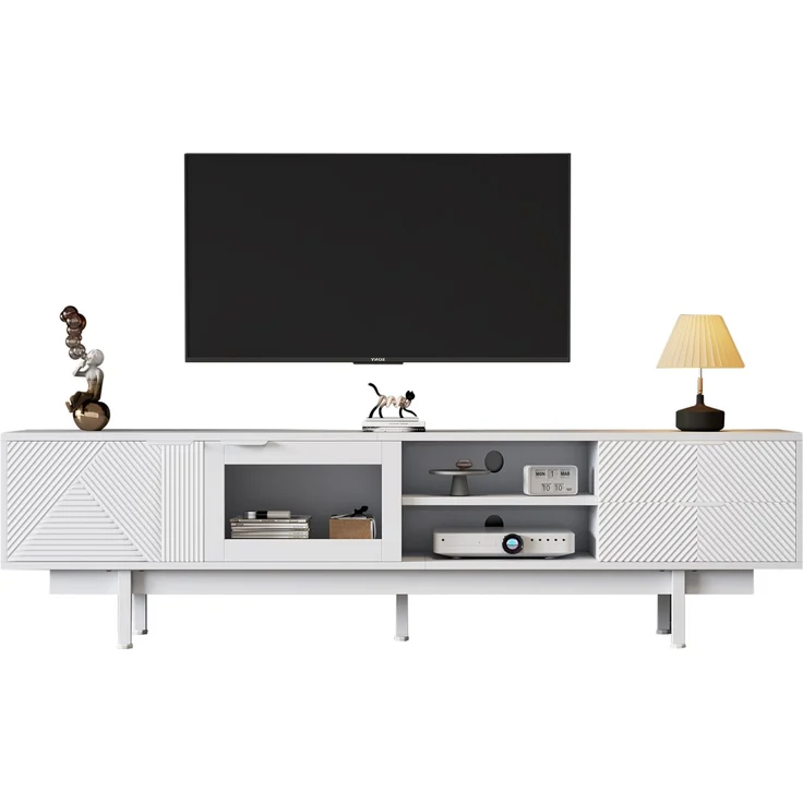 TV-Schrank Weiß 200 x 40 x 50,5 cm, modernes Lowboard für 80-Zoll Fernseher, Sideboard mit 2 Türen 2 Schubladen, 3-Schicht-Ablage – Bild 9