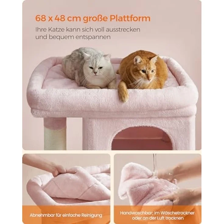 Feandrea Kratzbaum, 101 cm Katzenbaum, XL, Katzenhaus für extra große Katzen bis zu 20 kg, große Plattform, 2 Katzenhöhlen, Sisalstämme, pastellrosa PCT614P01 – Bild 3