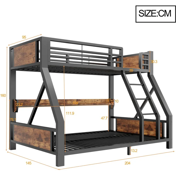 EINHOM Metall-Etagenbett 90x200 / 140x200 cm, Einzelbett oben, Doppelbett unten, Ablagefach, LED-Beleuchtung, Bettgestell aus Eisen und Holz, platzsparendes Kinder- und Jugendzimmermöbel Schwarz (Ohne Matratze) – Bild 2