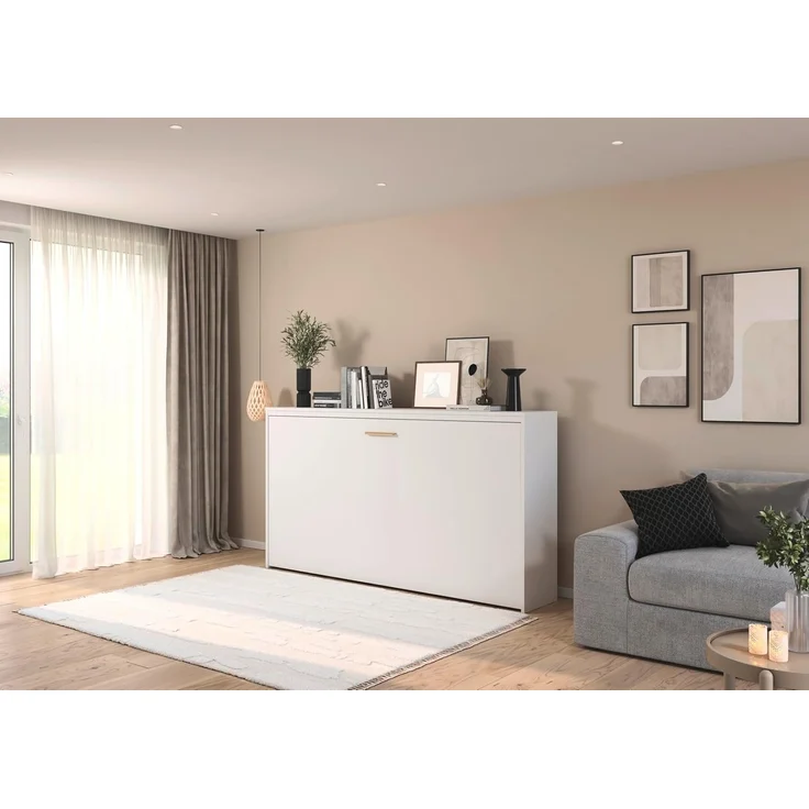Rauch Möbel Albero, Bett, Schrankbett, Querklappbett, platzsparendes Wandbett mit Klappfunktion und Lattenrost, Liegefläche 90x200 cm, Farbe Weiß, Griffe Eiche massiv, 214 x 115 x 42 cm – Bild 5