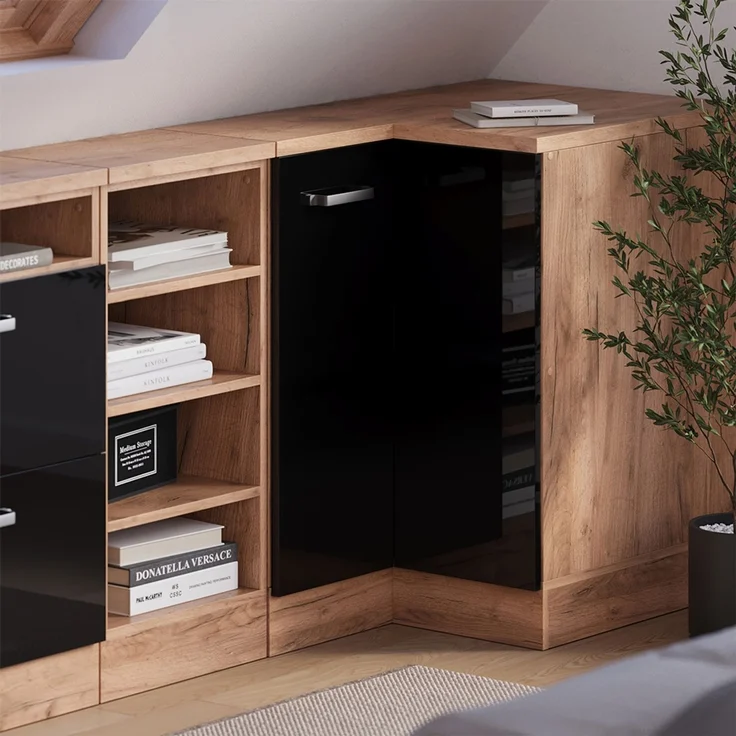 Dachschrägenschrank Eckschrank Rion Schwarz Hochglanz 75.6 x 81.6 cm mit 1 Tür, Schrankkorpus 60 cm Tiefe Vicco – Bild 6