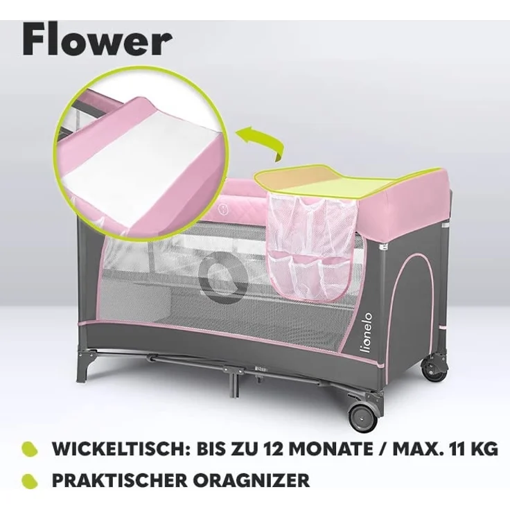 Lionelo Flower 4in1 Reisebett Baby mit Seiteneingang, Wickeltisch, Zwei Matratzenaufhängungshöhen, Spielzeugbogen mit Spielfiguren, Rollen, Tragetasche – Bild 3