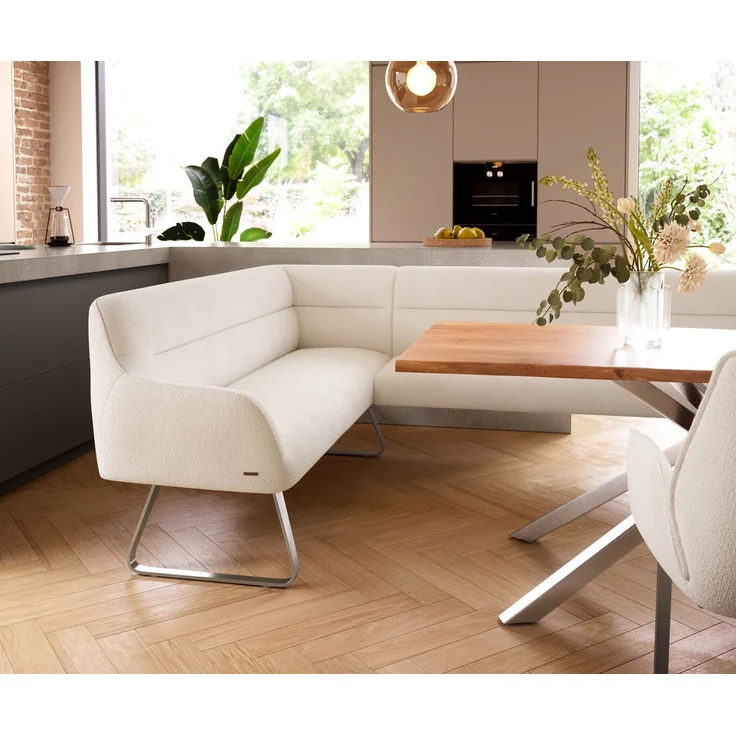 Esszimmerbank Taya-Flex 285x190 cm Bouclé Creme-Weiß Kufengestell flach Edelstahl Taschenfederkern Rechts – Bild 5
