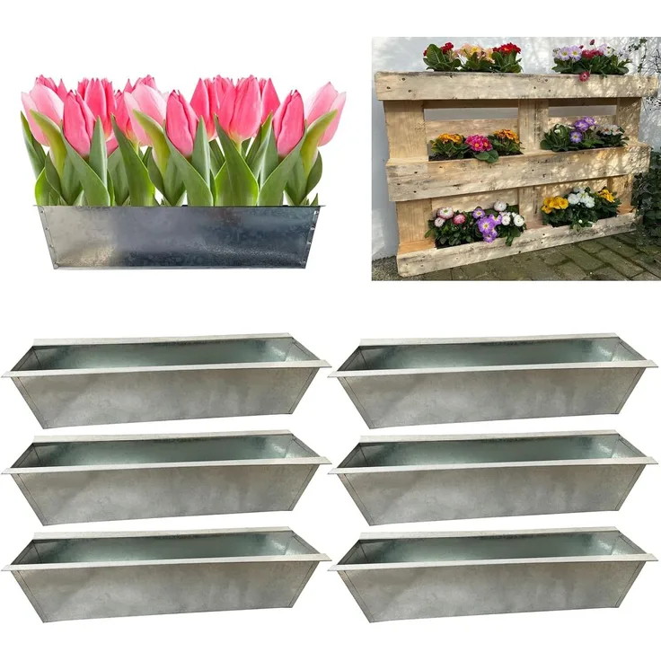 6er Set Zink Paletten Blumenkästen - Einsatz 38cm groß Silber - aus Metall verzinkt - Zinkkasten Pflanzkasten Balkonkasten Blumentopf für Europaletten