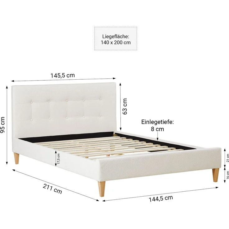 Polsterbett 140x200 cm mit Matratze Beige Bouclé Doppelbett Bett Bettgestell Lattenrost Stoffbett – Bild 4