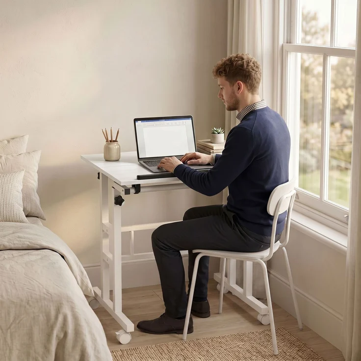 Steh-Sitz-Schreibtisch, höhenverstellbarer Schreibtisch 70 x 60 cm, auf Rollen mit neigbarer Tischplatte, 70 x 60 x 70,5–120 cm, Weiß – Bild 10