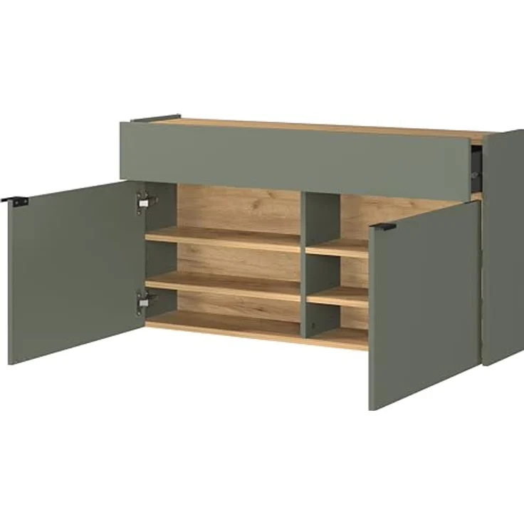 XXXL Garderobe GW-Ameca, 2-teilig in Taupegrün und Navarra-Eiche, Schuhschrank mit Mirror, 110x200x22 cm, verstellbare Böden, bis zu 12 Paar Schuhe. – Bild 8
