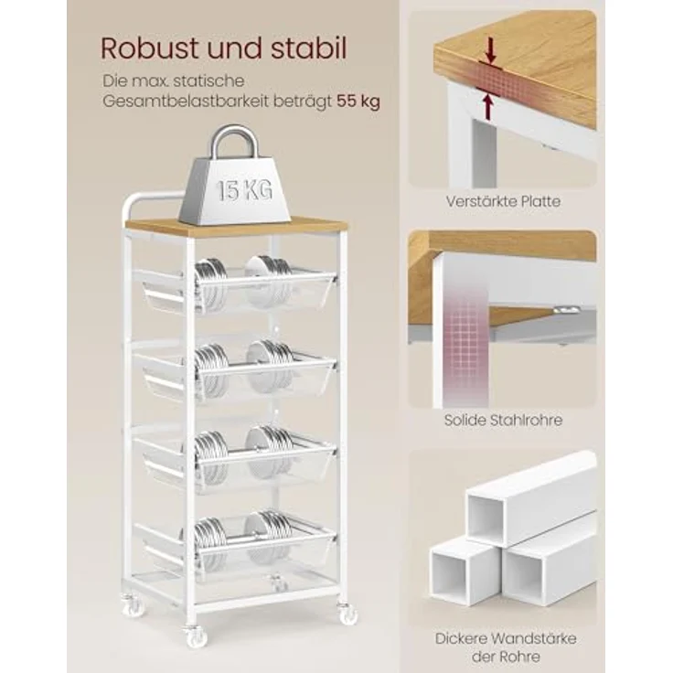 VASAGLE Servierwagen mit 5 Ebenen, Rollwagen mit herausziehbaren Körben, Küchenregal auf Rollen, Griff, 31,7 x 40 x 95 cm, goldeichenfarben-mattweiß LRC041YA01 – Bild 8